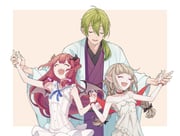 makaino_ririmu makaino_ririmu_(3rd_costume) shibuya_hajime shibuya_hajime_(4th_costume) yuzuki_roa yuzuki_roa_(3rd_costume) (nijisanji) drawn by sakami7474