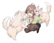 fuwawa_abyssgard fuwawa_abyssgard_(dog) harusaki_nodoka harusaki_nodoka_(1st_costume) mococo_abyssgard mococo_abyssgard_(dog) (hololive hololive_english) drawn by dasdokter
