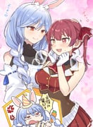 houshou_marine houshou_marine_(1st_costume) pekomama pekomama_(1st_costume) usada_pekora (hololive) drawn by dakuryuu