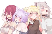 houshou_marine houshou_marine_(roomwear) momosuzu_nene momosuzu_nene_(casual) nekomata_okayu nekomata_okayu_(8th_costume) shishiro_botan shishiro_botan_(midnight_convenience_store) (hololive) drawn by fukuroekaki