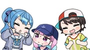 hoshimachi_suisei hoshimachi_suisei_(sailor) minato_aqua minato_aqua_(sailor) oozora_subaru oozora_subaru_(1st_costume) (hololive) drawn by mochimiko