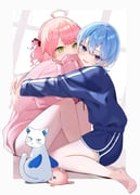 hoshimachi_suisei maguchi_(sakura_miko) sakura_miko takoyaki_(hoshimachi_suisei) (hololive) drawn by aya02ka