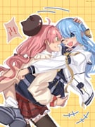 hoshimachi_suisei hoshimachi_suisei_(sailor) sakura_miko sakura_miko_(casual) (hololive) drawn by hanbaagaakunkan