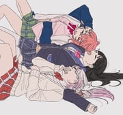 sasaki_saku sasaki_saku_(1st_costume) shiina_yuika shiina_yuika_(1st_costume) tsukino_mito tsukino_mito_(1st_costume) (nijisanji) drawn by kamatama_rom