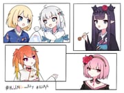 bloop_(gawr_gura) gawr_gura gawr_gura_(new_year) mori_calliope mori_calliope_(new_year) ninomae_ina'nis ninomae_ina'nis_(new_year) takanashi_kiara takanashi_kiara_(new_year) watson_amelia watson_amelia_(new_year) (hololive hololive_english) drawn by fong_(fongthe0125)