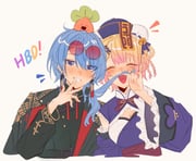 hoshimachi_suisei hoshimachi_suisei_(oriental_suit) momosuzu_nene momosuzu_nene_(jiangshi) nekko_(momosuzu_nene) (hololive) drawn by legzy