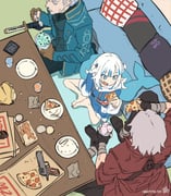 dante_(devil_may_cry) gawr_gura gawr_gura_(1st_costume) vergil_(devil_may_cry) (devil_may_cry_(series) hololive hololive_english) drawn by harutimu