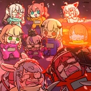 blue_(among_us) crewmate_(among_us) houshou_marine houshou_marine_(ahoy!!_you're_all_pirates) la+_darknesss momosuzu_nene natsuiro_matsuri oozora_subaru orange_(among_us) pink_(among_us) purple_(among_us) red_(among_us) shirakami_fubuki tokino_sora usada_pekora usada_pekora_(punk_angel) white_(among_us) yoruno_sora yukihana_lamy (among_us hololive) drawn by wakatsuki_misato