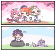 cecilia_immergreen chattino_(raora_panthera) kfp_employee_(takanashi_kiara) koseki_bijou ninomae_ina'nis otomo_(cecilia_immergreen) pebble_(koseki_bijou) raora_panthera takanashi_kiara takodachi_(ninomae_ina'nis) (hololive hololive_english) drawn by mpien