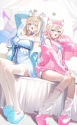 fuwawa_abyssgard fuwawa_abyssgard_(pajamas) mococo_abyssgard mococo_abyssgard_(pajamas) perroccino_(fuwamoco) (hololive hololive_english) drawn by kuma_daigorou