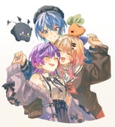 bibi_(tokoyami_towa) hoshimachi_suisei hoshimachi_suisei_(casual) momosuzu_nene nekko_(momosuzu_nene) tokoyami_towa tokoyami_towa_(jirai_kei) (hololive) drawn by legzy