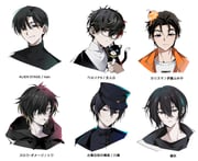 amamiya_ren itou_fumiya ivan_(alien_stage) kawase_(koshotengai_no_hashihime) mayuzumi_kai mayuzumi_kai_(1st_costume) morgana_(cat)_(persona_5) morgana_(persona_5) towa_(slow_damage) (alien_stage charisma_house koshotengai_no_hashihime nijisanji persona persona_5 slow_damage) drawn by yituo_tusi