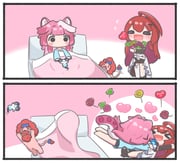 bobby_(elizabeth_rose_bloodflame) chattino_(raora_panthera) elizabeth_rose_bloodflame elizabeth_rose_bloodflame_(1st_costume) raora_panthera (hololive hololive_english) drawn by mpien