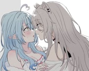 shishiro_botan shishiro_botan_(midnight_convenience_store) yukihana_lamy yukihana_lamy_(roomwear) (hololive) drawn by sui_(camellia)