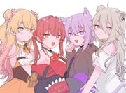 houshou_marine houshou_marine_(1st_costume) momosuzu_nene momosuzu_nene_(1st_costume) nekomata_okayu nekomata_okayu_(1st_costume) shishiro_botan shishiro_botan_(midnight_convenience_store) (hololive) drawn by itochicken2