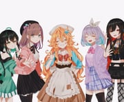 noor_(nijisanji) nun_bora nun_bora_(2nd_costume) otogibara_era otogibara_era_(1st_costume) shin_yuya shin_yuya_(1st_costume) suzuhara_lulu suzuhara_lulu_(1st_costume) (nijisanji nijisanji_in nijisanji_kr) drawn by shio_(plkqd)