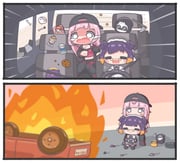 deadbeat_(mori_calliope) death-sensei_(mori_calliope) gawr_gura gawr_gura_(1st_costume) mori_calliope mori_calliope_(streetwear) ninomae_ina'nis smol_ame smol_gura smol_kiara takanashi_kiara takodachi_(ninomae_ina'nis) watson_amelia watson_amelia_(1st_costume) (hololive hololive_english) drawn by mpien