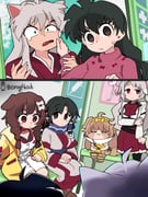 butter_(trickcal) eruruu higurashi_kagome inugami_korone inugami_korone_(1st_costume) inuyasha_(character) pursena_adoldia (hololive inuyasha mushoku_tensei trickcal utawarerumono) drawn by bongftah