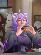 nekomata_okayu nekomata_okayu_(1st_costume) onigirya_(nekomata_okayu) ookami_mio ookami_mio_(hoodie) shirakami_fubuki (hololive mcdonald's) drawn by 