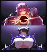 nerissa_ravencroft nerissa_ravencroft_(1st_costume) raora_panthera raora_panthera_(1st_costume) (hololive hololive_english mage_arena) drawn by shioni_nath