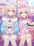 fuwawa_abyssgard fuwawa_abyssgard_(pajamas) mococo_abyssgard mococo_abyssgard_(pajamas) ruffian_(fuwamoco) (hololive hololive_english) drawn by chelly_(glisten_chelly)