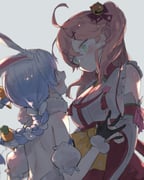 don-chan_(usada_pekora) sakura_miko sakura_miko_(1st_costume) usada_pekora usada_pekora_(1st_costume) (hololive) drawn by sangan_35p