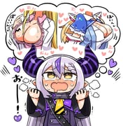 aki_rosenthal aki_rosenthal_(1st_costume) la+_darknesss la+_darknesss_(1st_costume) yuzuki_choco yuzuki_choco_(1st_costume) (hololive) drawn by kanikama