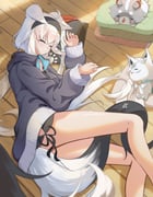 miofa_(ookami_mio) ookami_mio shirakami_fubuki shirakami_fubuki_(loungewear) sukonbu_(shirakami_fubuki) (hololive) drawn by hiragi_moka