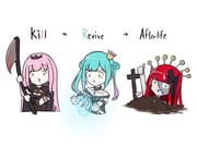 death_(entity) grim_reaper kureiji_ollie mori_calliope mori_calliope_(1st_costume) uruha_rushia uruha_rushia_(3rd_costume) (hololive hololive_english hololive_indonesia) drawn by fong_(fongthe0125)