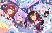 inugami_korone listener_(inugami_korone) miofa_(ookami_mio) nekomata_okayu onigirya_(nekomata_okayu) ookami_mio shirakami_fubuki sukonbu_(shirakami_fubuki) (hololive) drawn by tsubameno