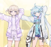 mizumiya_su mizumiya_su_(1st_costume) todoroki_hajime todoroki_hajime_(1st_costume) (hololive hololive_dev_is oddloop) drawn by quizmaster