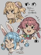 don-chan_(usada_pekora) houshou_marine houshou_marine_(1st_costume) momosuzu_nene momosuzu_nene_(1st_costume) usada_pekora usada_pekora_(1st_costume) (hololive) drawn by hounori