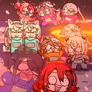 crewmate_(among_us) cyan_(among_us) elizabeth_rose_bloodflame fuwawa_abyssgard ghost_(among_us) koseki_bijou kureiji_ollie mococo_abyssgard moona_hoshinova nerissa_ravencroft orange_(among_us) purple_(among_us) raora_panthera red_(among_us) takanashi_kiara vestia_zeta (among_us hololive hololive_english hololive_indonesia) drawn by wakatsuki_misato