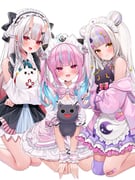 minato_aqua minato_aqua_(8th_costume) murasaki_shion murasaki_shion_(magical_girl_maid) nakiri_ayame nakiri_ayame_(girly) neko_(minato_aqua) poyoyo_(nakiri_ayame) shiokko_(murasaki_shion) (hololive) drawn by ohagetty