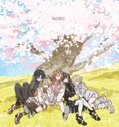 hiodoshi_ao hiodoshi_ao_(1st_costume) ichijou_ririka ichijou_ririka_(1st_costume) juufuutei_raden juufuutei_raden_(1st_costume) otonose_kanade otonose_kanade_(1st_costume) todoroki_hajime todoroki_hajime_(1st_costume) (hololive hololive_dev_is) drawn by tauyoshi728