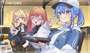 hoshimachi_suisei hoshimachi_suisei_(11th_costume) ichijou_ririka ichijou_ririka_(flashpoint) otonose_kanade otonose_kanade_(flashpoint) (hololive hololive_dev_is) drawn by tsukino_(nakajimaseiki)