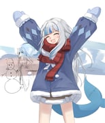 gawr_gura gawr_gura_(winter_casual) mori_calliope (hololive hololive_english) drawn by harveythenerdy