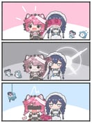 chattino_(raora_panthera) kronie_(ouro_kronii) ouro_kronii ouro_kronii_(maid) raora_panthera raora_panthera_(rathalos) (hololive hololive_english) drawn by mpien